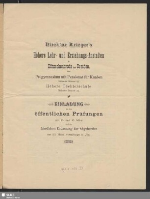 1892/93: Einladung zu den öffentlichen Prüfungen am ... und der feierlichen Entlassung der Abgehenden am ...