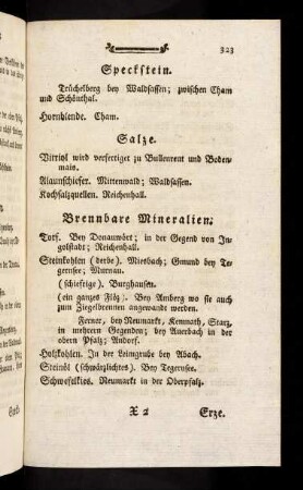 323-330, Speckstein; Salze; Brennbare Mineralien; Erze; Befundbrunen; Spathe; Wacken; Versteinerungen, Seinkerne, Abdrücke