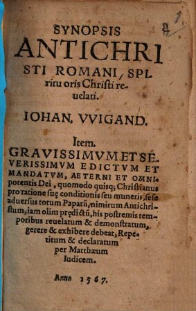 Synopsis Antichristi Romani Spiritu oris Christi reuelati