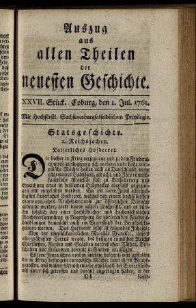 XXVII. Stück. Coburg, den 1. Jul. 1761.