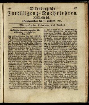 XXIX. Stück. Sonnabends: den 16. Octobr. 1773.