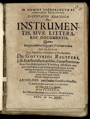 Disputatio Iuridica. De Instrumentis, Sive Litterariis Documentis