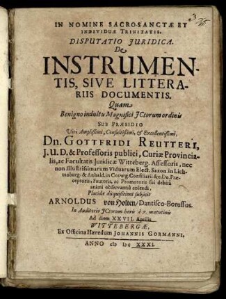 Disputatio Iuridica. De Instrumentis, Sive Litterariis Documentis