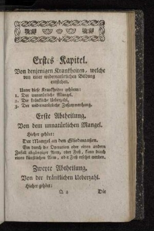 Erstes Kapitel. Von denjenigen Krankheiten, welche von einer widernatürlichen Bildung entstehen.