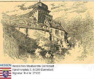 Neustadt im Odenwald, Burg Breuberg / Blick von der Brücke Richtung Bergfried mit älterem Teil der Burg