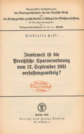 Inwieweit ist die Preußische Sparverordnung vom 12. September 1931 verfassungswidrig?