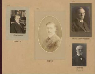 Bl. 43: Fotografien der Physiker Albert Einstein, Peter J. W. Debye und Heinrich Rausch von Traubenberg sowie des Mathematikers Moritz Pasch, 1920 - 1922