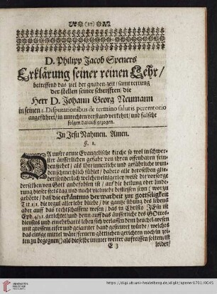 D. Philipp Jacob Speners Erklärung seiner reinen Lehr, betreffend das ziel der gnaden-zeit, [...]