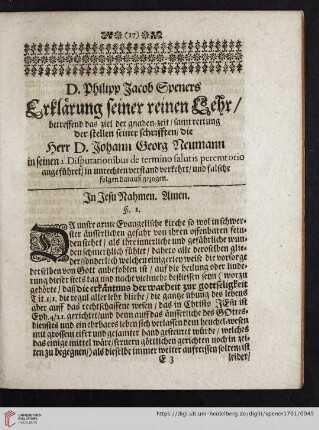 D. Philipp Jacob Speners Erklärung seiner reinen Lehr, betreffend das ziel der gnaden-zeit, [...]