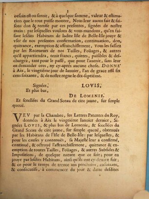 Lettres Patentes Dv Roy, En faueur des Habitans de Belle-Isle