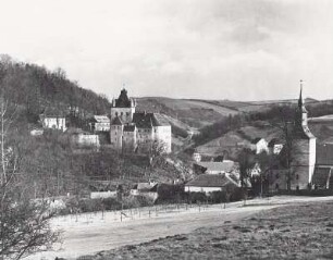 Liebstadt. Schloß Kuckuckstein (Wiederaufbau 15. Jh.) und Stadtkirche (Errichtung E. 15. Jh.). Blick von Nordwesten