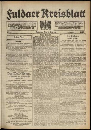 Erste Ausgabe vom Samstag, den 03. Februar 1917.