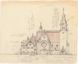 Kirche und Pfarrhaus, Miechowitz: Seitenansicht Skizze mit Anmerkungen