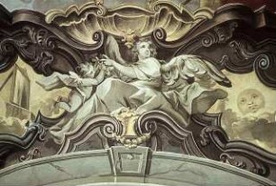 Ornamentaler Rahmen für das Deckenbild: Verehrung Mariens