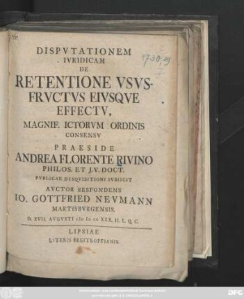Dispvtationem Ivridicam De Retentione Vsvsfrvctvs Eivsqve Effectv
