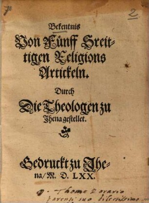 Bekentnis von Fünff Streittigen Religions Artikeln