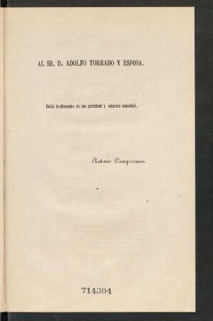 [Dedicatoria] Al Sr. D. Adolfo Torrado y esposa