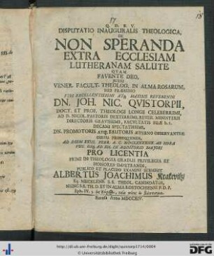 Disputatio Inauguralis Theologica, De Non Speranda Extra Ecclesiam Lutheranam Salute