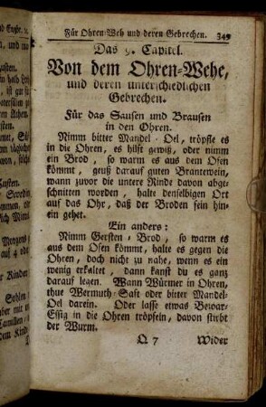 Das 9. Capitel. Von dem Ohren-Wehe, und deren unterschiedlichen Gebrechen. - Das 14. Capitel. Von mancherley Herz-Beschwerungen und dessen Stärkungen.
