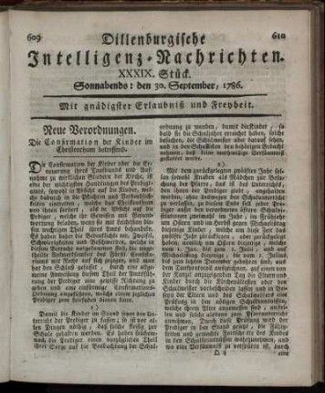 XXXIX. Stück. Sonnabends: den 30. September, 1786.