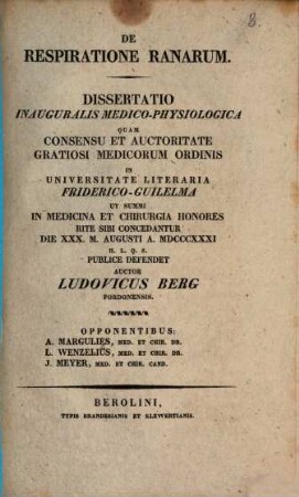 De respiratione ranarum : Diss. inaug. med. physiol.
