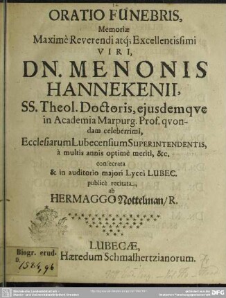 Oratio funebris, memoriae ... Menonis Hannekenii