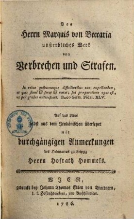 Des Herren Marquis von Beccaria unsterbliches Werk von Verbrechen und Strafen