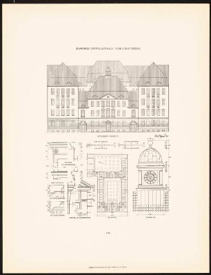 Gemeindedoppelschule an der Tegeler Straße, Berlin: Grundriss, Ansicht von der Straßenseite, Details (aus: Neubauten der Stadt Berlin, Bd. XI, 1912)