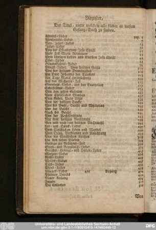 Register, Der Titul, unter welchen alle Lieder in diesem Gesang-Buch zu finden.
