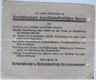 Handzettel mit Forderungen der USPD zur Wahl der Nationalversammlung 1919 und einer Liste der Wahlkandidaten