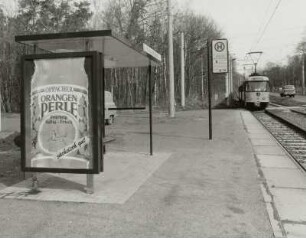 Haltestelle "Abzweig nach Hellerau" an zweigleisiger Straßenbahnstrecke in Seitenlage. Blick auf Fahrgastunterstand, Haltestellenschild und einfahrenden Zug der Linie 8 nach Leutewitz : Dresden-Hellerberge, Königsbrücker Straße. Haltestelle "Abzweig nach Hellerau" an zweigleisiger Straßenbahnstrecke in Seitenlage. Blick auf Fahrgastunterstand, Haltestellenschild und einfahrenden Zug der Linie 8 nach Leutewitz