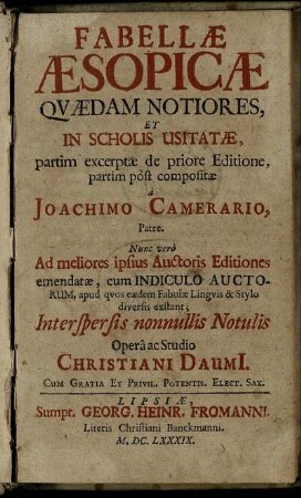 Fabellae Aesopicae Quaedam Notiores, Et In Scholis Usitatae