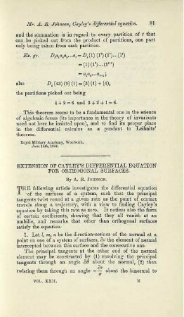Extension of Cayley's differential equation for orthogonal surfaces.