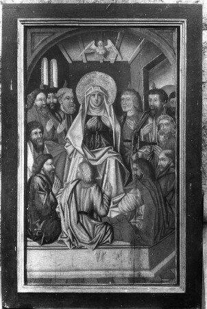 Flügel mit Darstellung "Der Heilige Geist senkt sich auf die Apostel und Maria herab" : Flügelaltar. Holz, bemalt (1501/1515). Flügel mit Darstellung "Der Heilige Geist senkt sich auf die Apostel und Maria herab". Riegersberg-Reinberg, Filialkirche Sankt Nikolaus