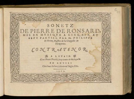 Philippe de Monte: Sonetz de Pierre de Ronsard. Contratenor