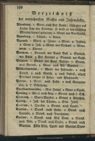Verzeichniß der vornehmsten Messen und Jahrmärkte