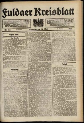 Erste Ausgabe vom Samstag, den 31. Mai 1913.