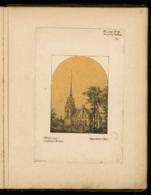 Zweischiffige Dorfkirche in märkischem Backstein für 300 Sitzplätze Monatskonkurrenz Juni 1877: Perspektivische Ansicht