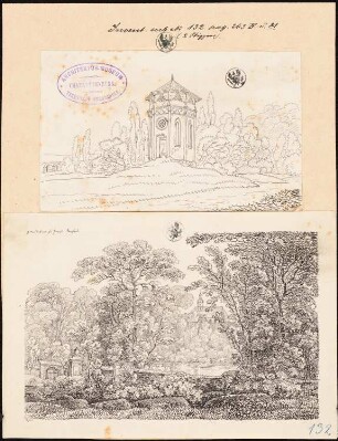 Gottesacker, Groß-Stechau (?): Perspektivische Ansicht einer Kapelle und eines Parks