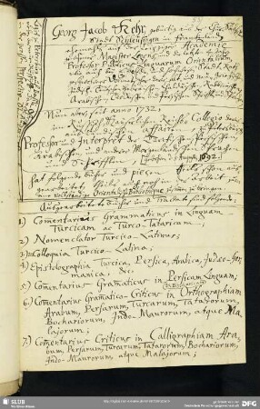 53) Georg Jacob Kehr (Verzeichnis seiner Schriften). Eigenhänd. 18. Jahrh.