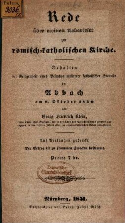 Rede über meinen Uebertritt zur römischkatholischen Kirche
