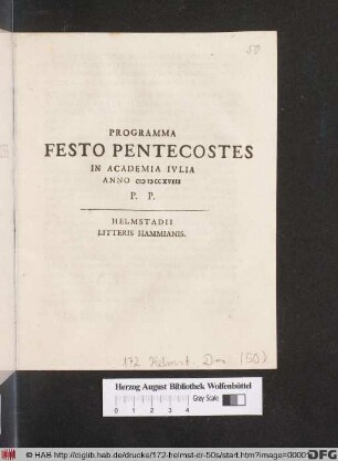 Programma Festo Pentecostes In Academia Ivlia Anno MDCCXVIII P. P.