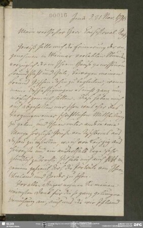 Eigenh. Brief von August Wilhelm von Schlegel an Carl August Böttiger, Jena, 21.11.1796