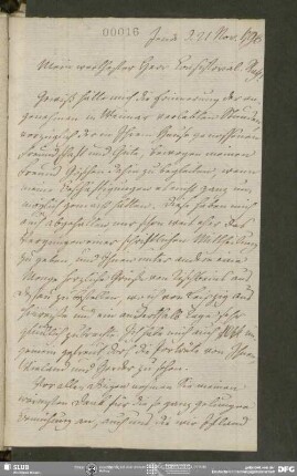 Eigenh. Brief von August Wilhelm von Schlegel an Carl August Böttiger, Jena, 21.11.1796