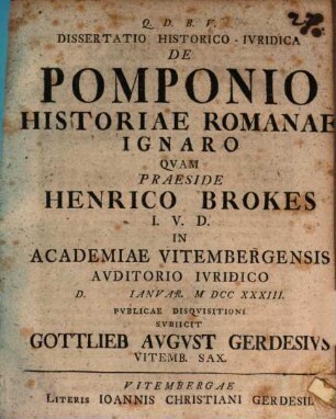 Dissertatio Historico-Ivridica De Pomponio Historiae Romanae Ignaro