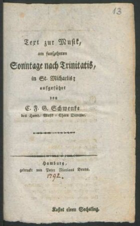 Text zur Musik, am funfzehnten Sonntage nach Trinitatis, in St. Michaelis