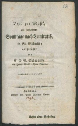 Text zur Musik, am funfzehnten Sonntage nach Trinitatis, in St. Michaelis