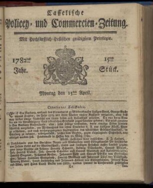 15tes Stueck, Montag den 15ten April. 1782