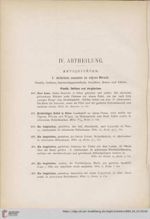 IV. Abtheilung: Antiquitäten (Nr. 400-1466)