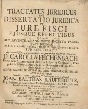 Tractatus juridicus sive dissertatio juridica de jure fisci ejusque effectibus